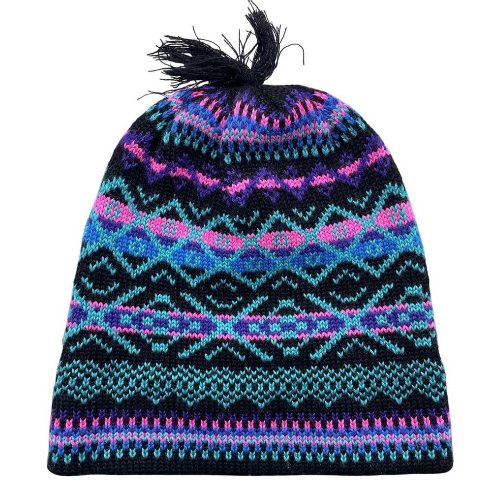Vintage Meister Hat Beanie Unisex One Size Black Fair Isle Tassel Winter Warm